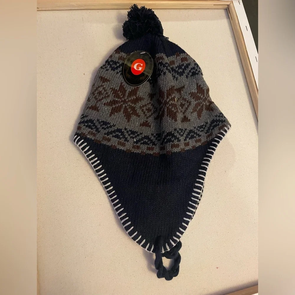 Navy and Gray Knit Earflap Hat  Snowflake Fleece Lined Winter Trapper Hat